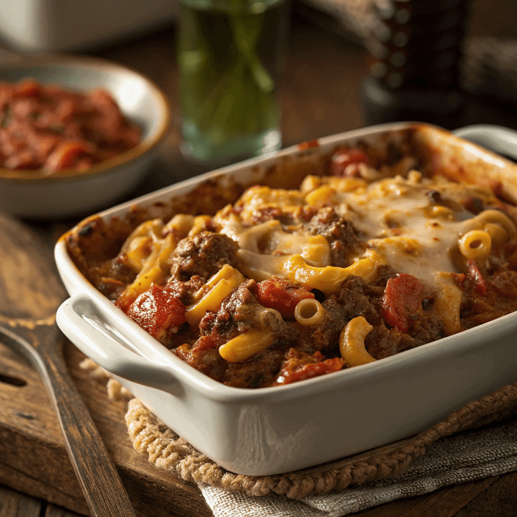 The Best One-Pot American Goulash Recipe 3 Baked American goulash casserole with melted cheese and saucy pasta.