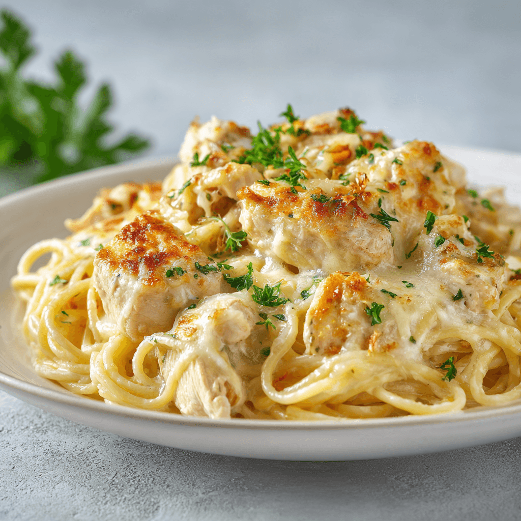 Creamy baked chicken alfredo spaghetti with golden cheese and parsley on a white plate.