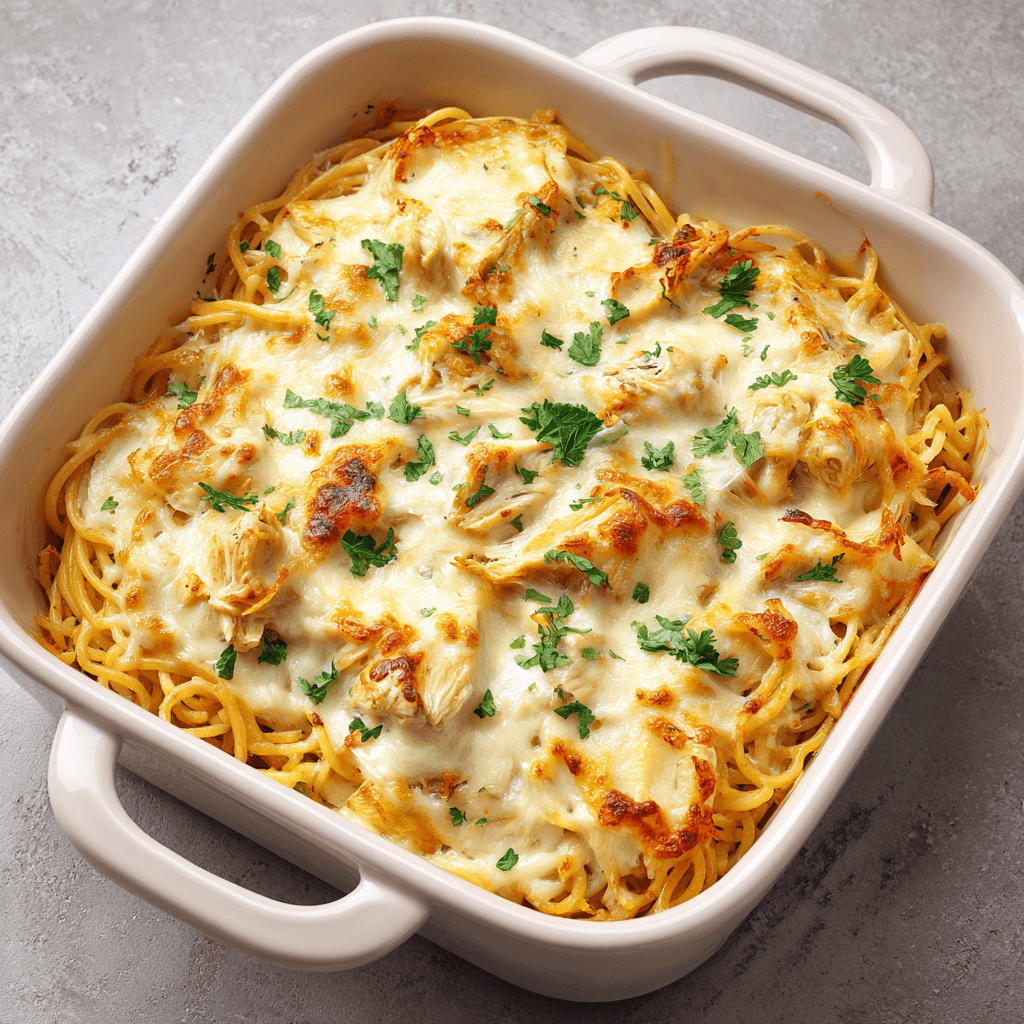 Baked chicken spaghetti with melted cheese and parsley in casserole dish