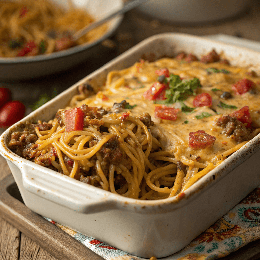 Baked taco spaghetti casserole with melted cheese and creamy taco-seasoned noodles.