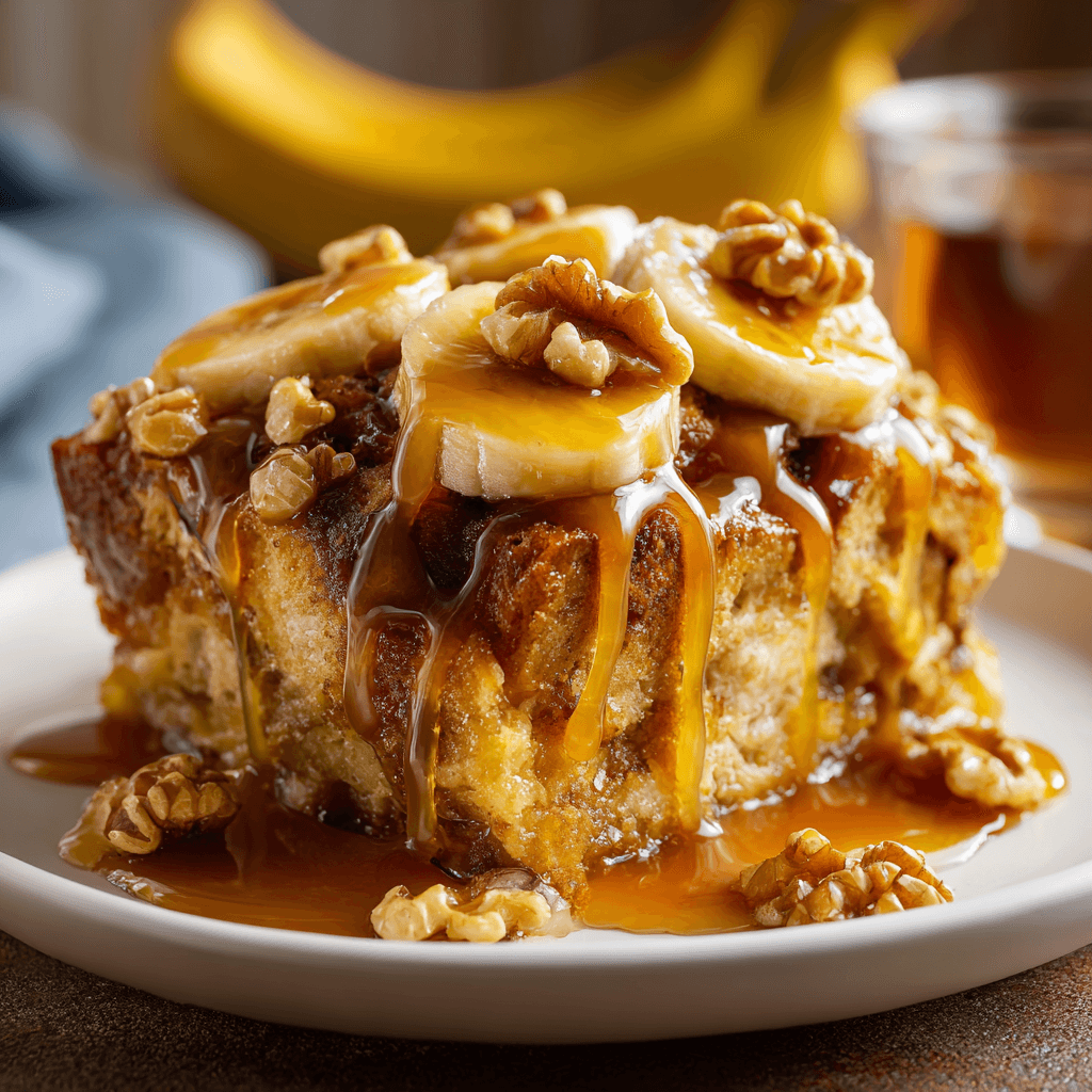 Close-up of banana bread pudding topped with banana slices, walnuts, and caramel sauce on a white plate.