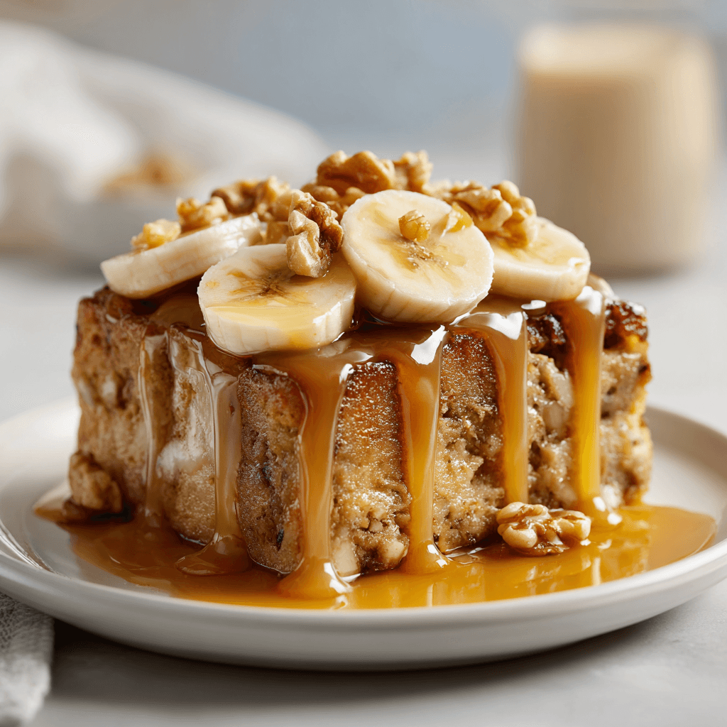 Neatly plated banana bread pudding with banana slices and caramel drizzle on a white plate in soft natural lighting.