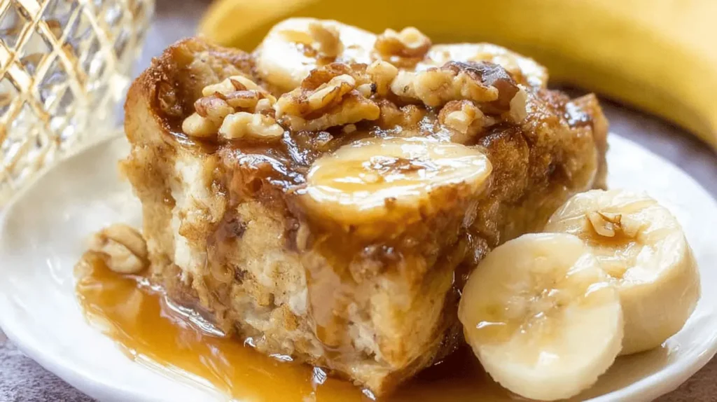 A close-up of a serving of golden-brown Banana Bread Pudding, topped with fresh banana slices, chopped walnuts, and a generous drizzle of warm caramel sauce, presented on a white plate.