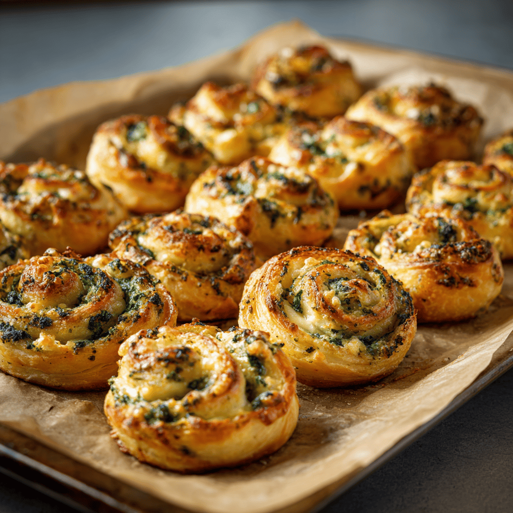 Whole tray of golden Basil Pesto Cheesy Puffs showing flaky pastry and pesto swirls.