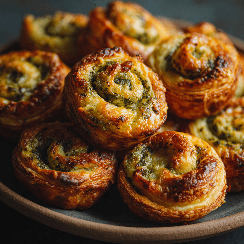 Close view of flaky Basil Pesto Cheesy Puffs with golden pastry and melted cheese spirals.