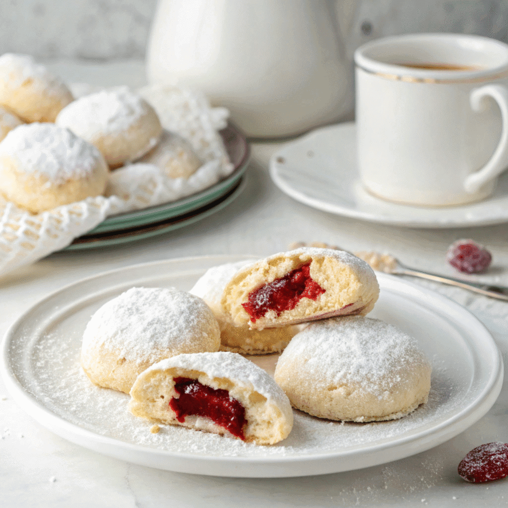 Almond snowball cookies arranged on a white plate with one revealing its bright red jam filling.