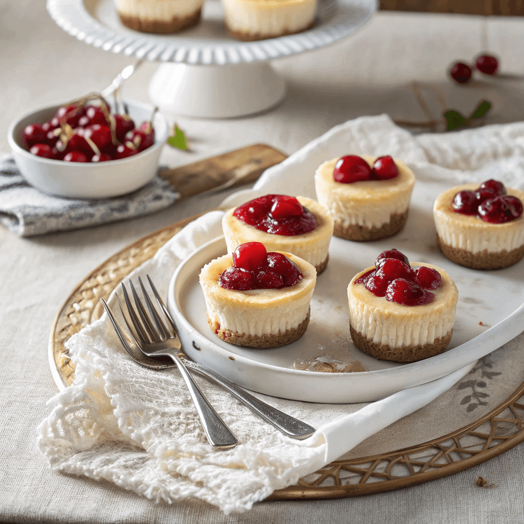 Styled display of mini cherry cheesecakes arranged on a serving platter with napkins and utensils.