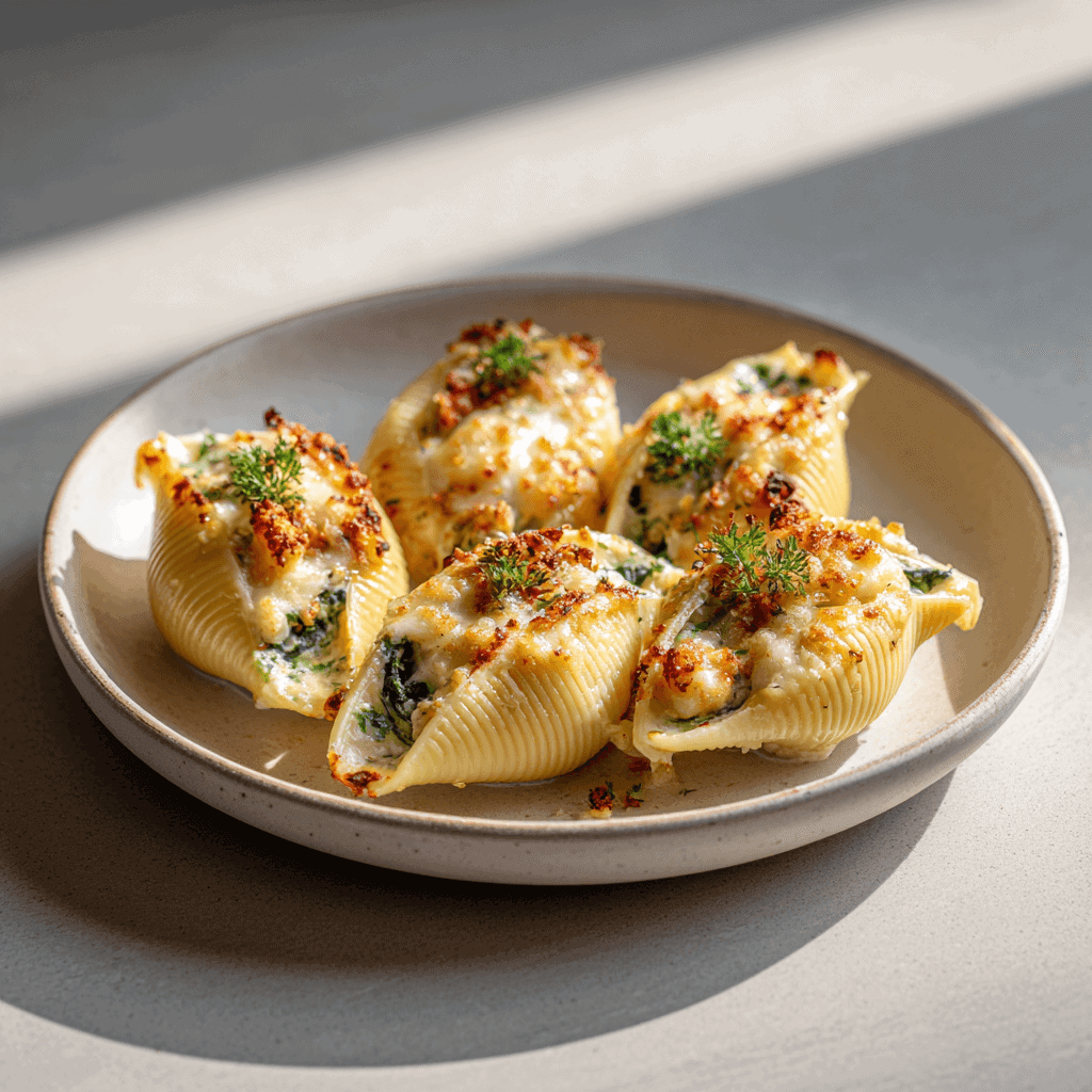 Seafood stuffed shell plated with creamy spinach and cheese filling.