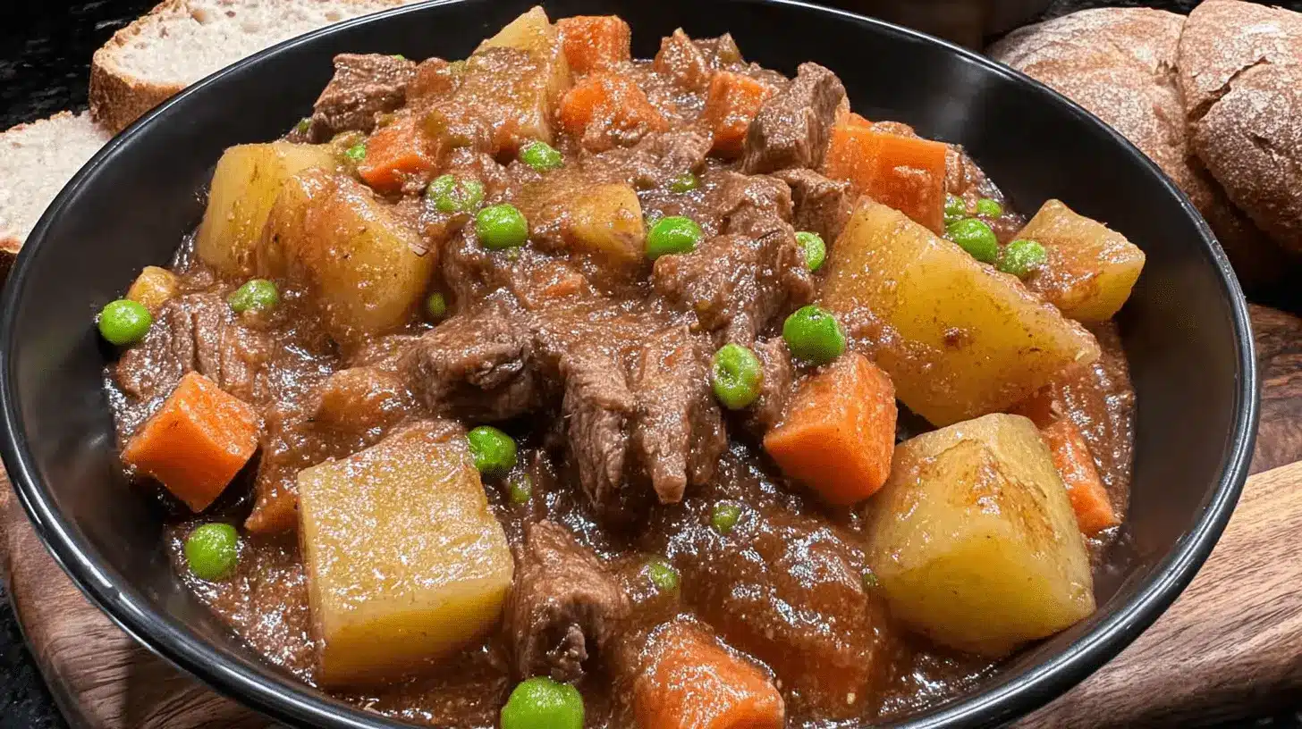 Hearty beef stew crockpot recipe served in a dark bowl with rustic bread on a wooden surface.