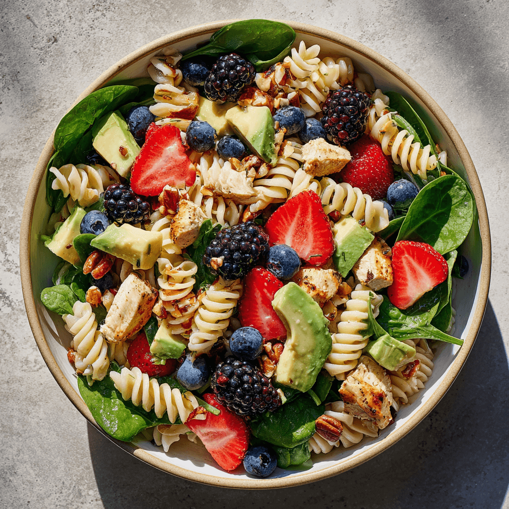 Delicious Berry Pasta Salad: Your Perfect Summer Side Dish 3 Overhead close-up of Berry Pasta Salad with rotini pasta, fresh berries, avocado, spinach, nuts, and chicken.