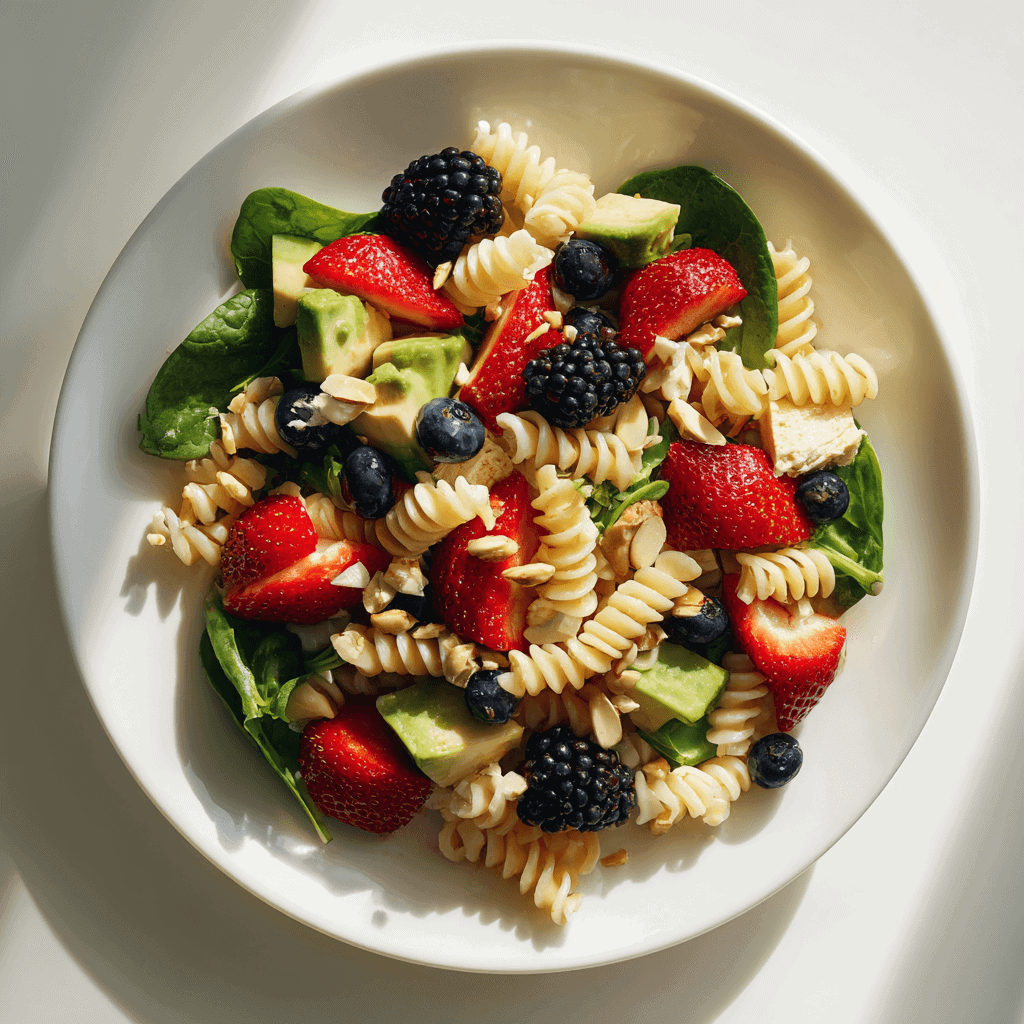 Delicious Berry Pasta Salad: Your Perfect Summer Side Dish 2 Berry Pasta Salad neatly displayed on a white plate with rotini pasta, berries, avocado, nuts, and chicken.