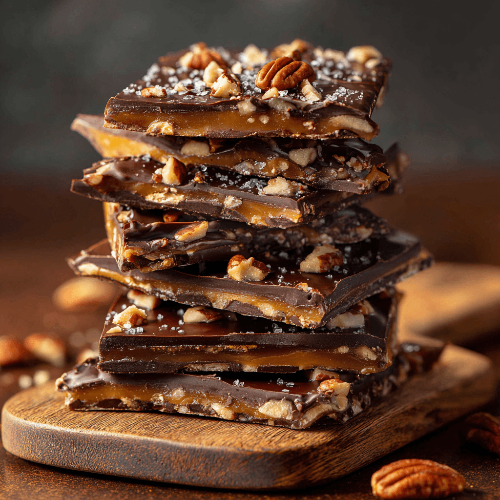 Stacked Better Than Anything Toffee with glossy chocolate and pecans on a wooden board, fully in focus.
