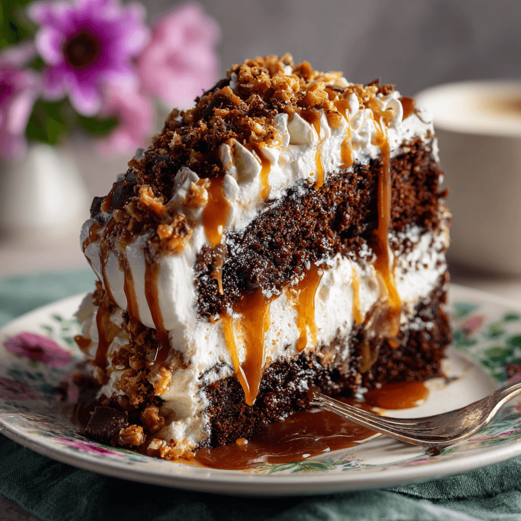 Close-up of a slice of Better Than Sex Cake topped with whipped cream, caramel drizzle, and crushed chocolate toffee on a floral plate.