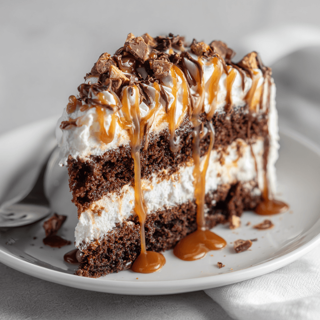 Slice of Better Than Sex Cake on a white plate with whipped topping, caramel drizzle, and chocolate toffee pieces in soft natural lighting.
