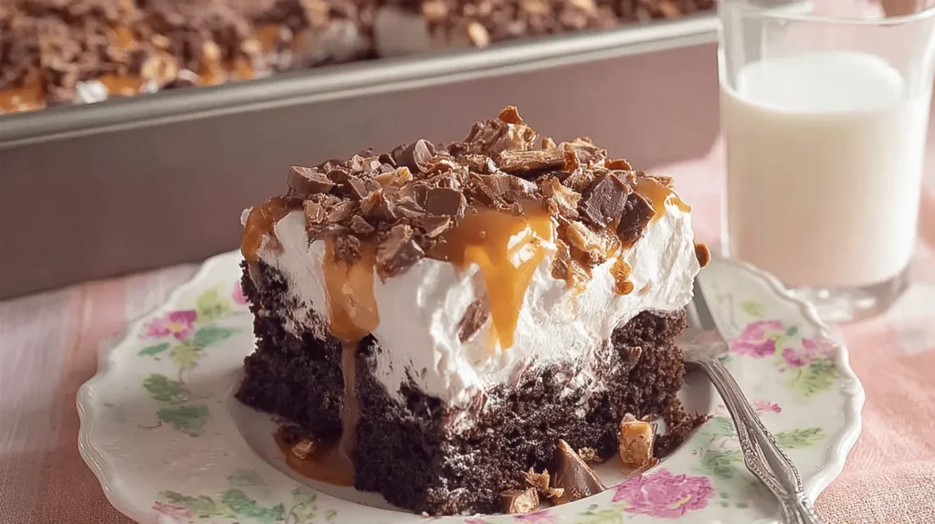 A decadent slice of better than sex cake with chocolate, whipped cream, caramel, and candy crumbles, served with milk.