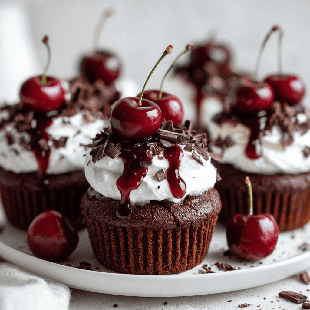 Close-up Black Forest Cupcakes with whipped cream, cherry sauce, chocolate shavings, and fresh cherries.