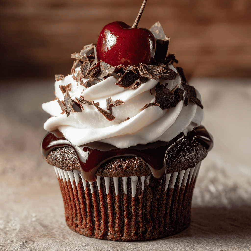 Single Black Forest Cupcake on a white plate with whipped topping, cherry sauce, chocolate shavings, and a cherry.