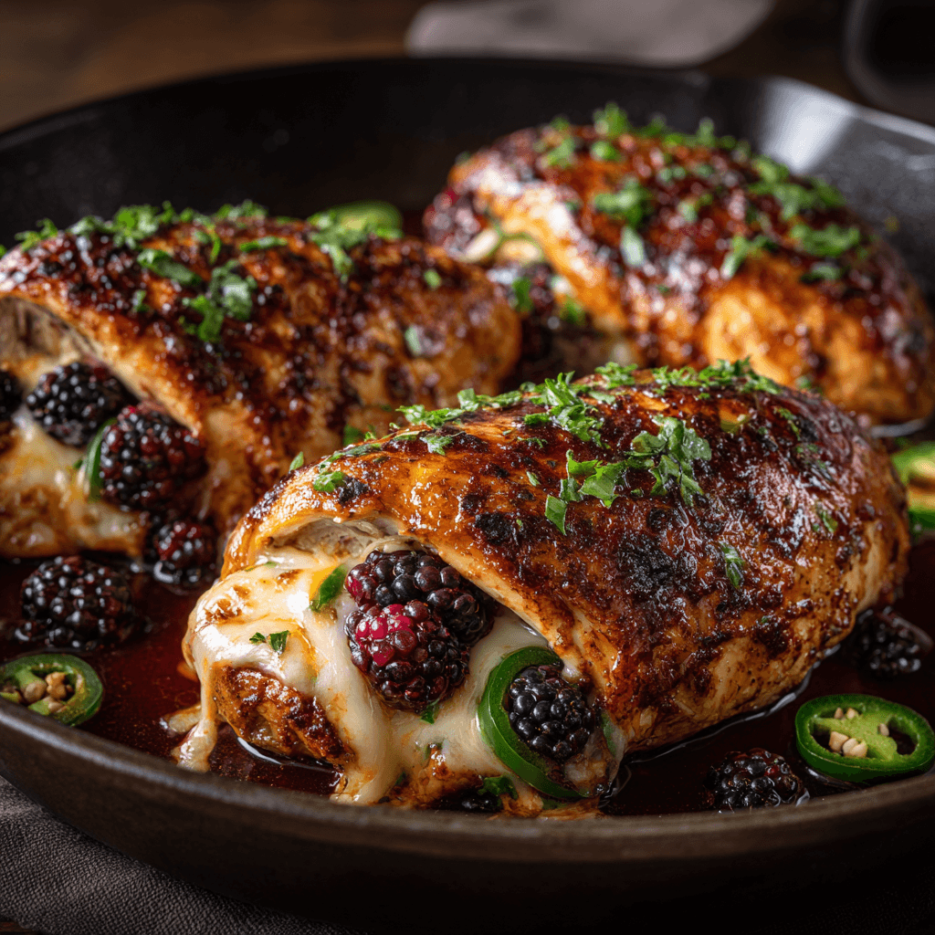 Blackberry jalapeño stuffed chicken in a skillet with golden crust and melted cheese.