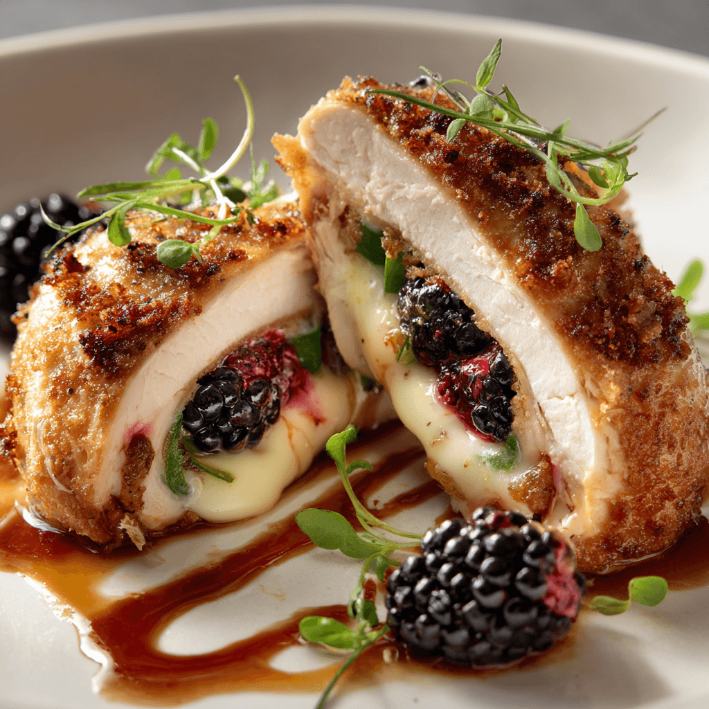 Blackberry jalapeño stuffed chicken served on a white plate with cheese, berries, and jalapeños.
