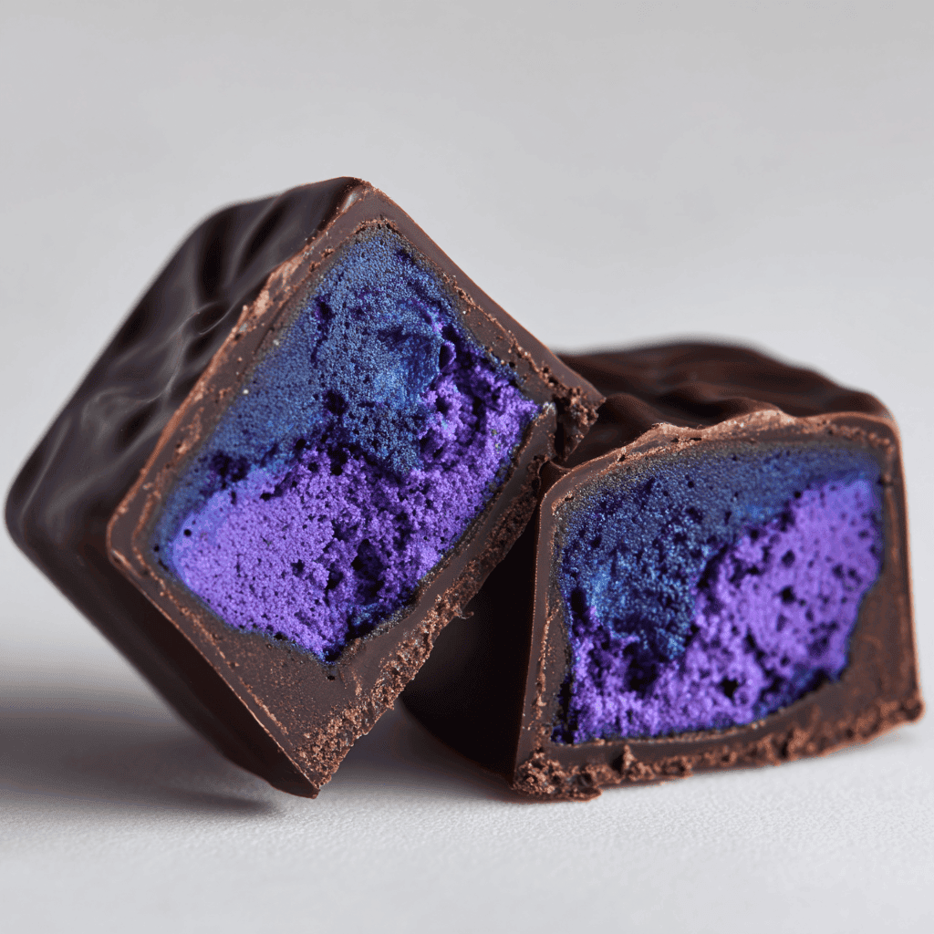 Delicious Homemade Blueberry Buttercream Chocolates 3 Extreme close-up of Blueberry Buttercream Chocolate showing glossy dark chocolate texture and creamy purple filling.