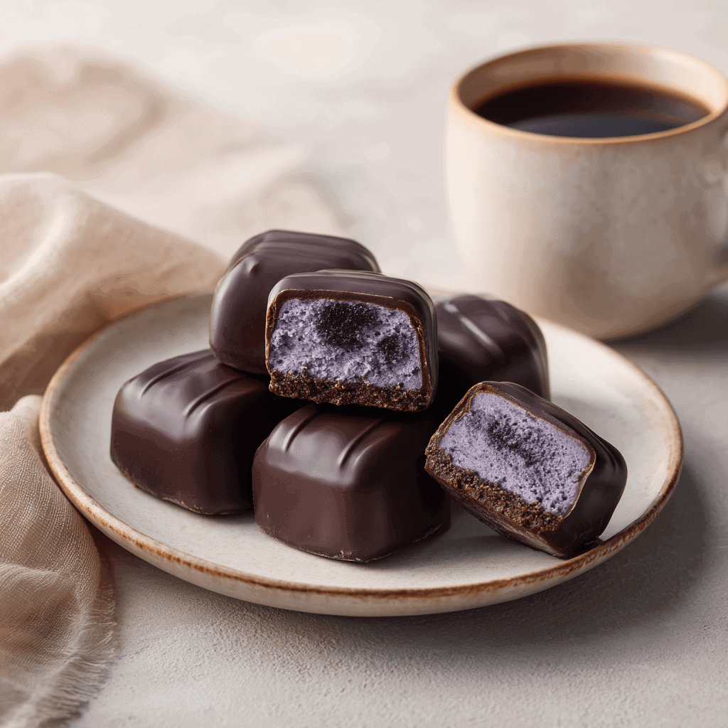 Delicious Homemade Blueberry Buttercream Chocolates 2 Blueberry Buttercream Chocolates on a white plate showing glossy chocolate coating and purple buttercream interior.
