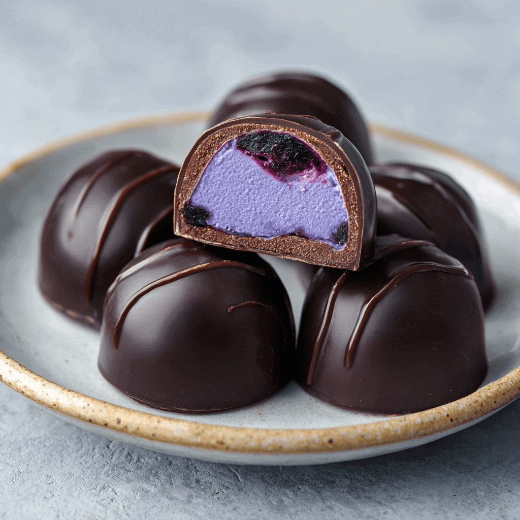 Delicious Homemade Blueberry Buttercream Chocolates 1 Plate of Blueberry Buttercream Chocolates with one piece cut open revealing bright berry buttercream.