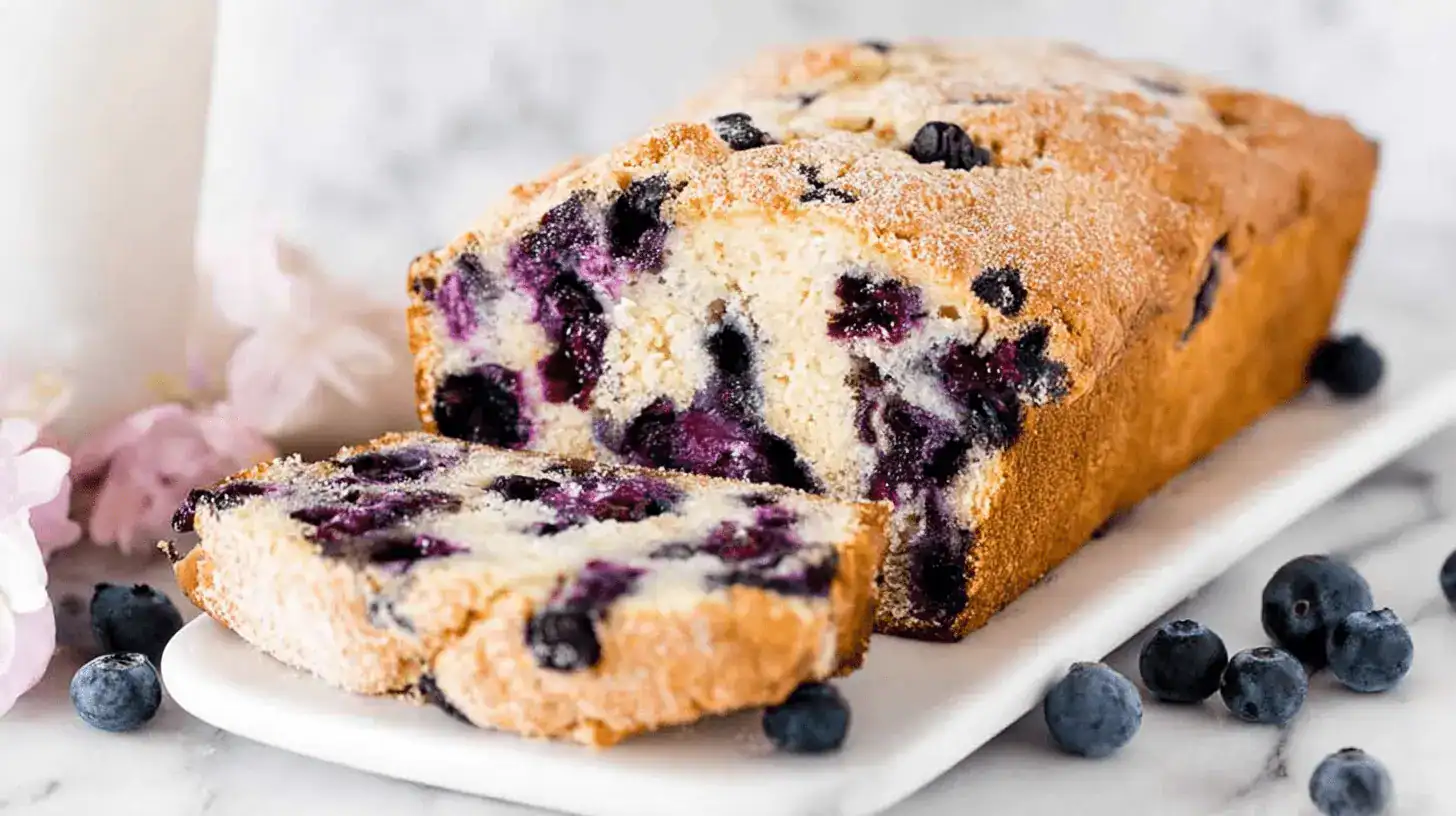 Freshly baked blueberry bread recipe loaf, golden-brown with powdered sugar and visible blueberries, on a white marble surface.