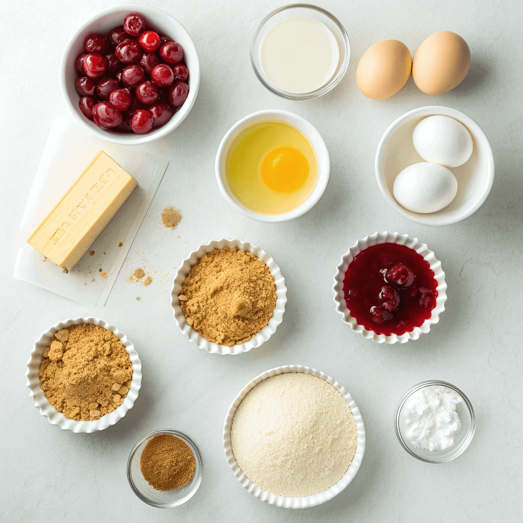 Overhead flat-lay of butter, graham crumbs, cream cheese, sugar, eggs, vanilla, and cherry pie filling for mini cheesecakes.