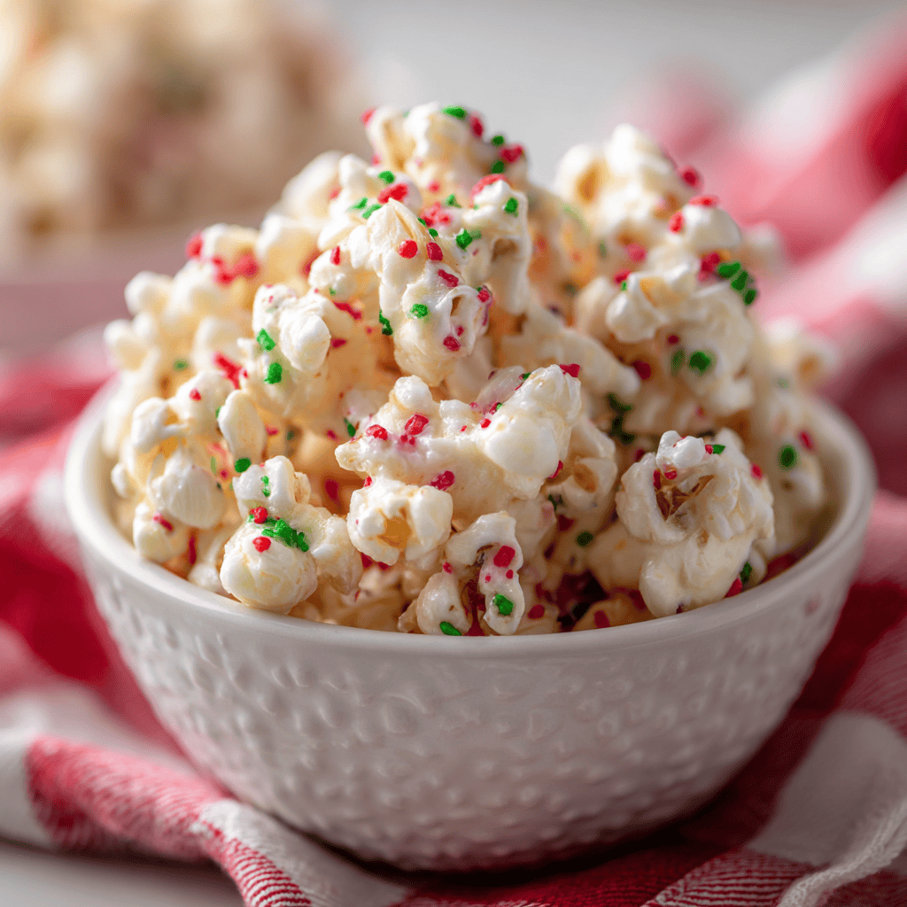 Bowl of almond bark puffcorn crack coated in white chocolate with colorful sprinkles.