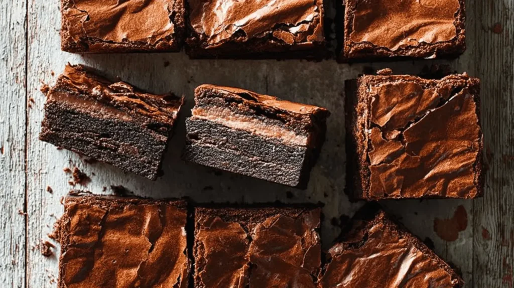 Overhead view of delicious square slutty brownies with a crinkly crust on a rustic wooden surface.