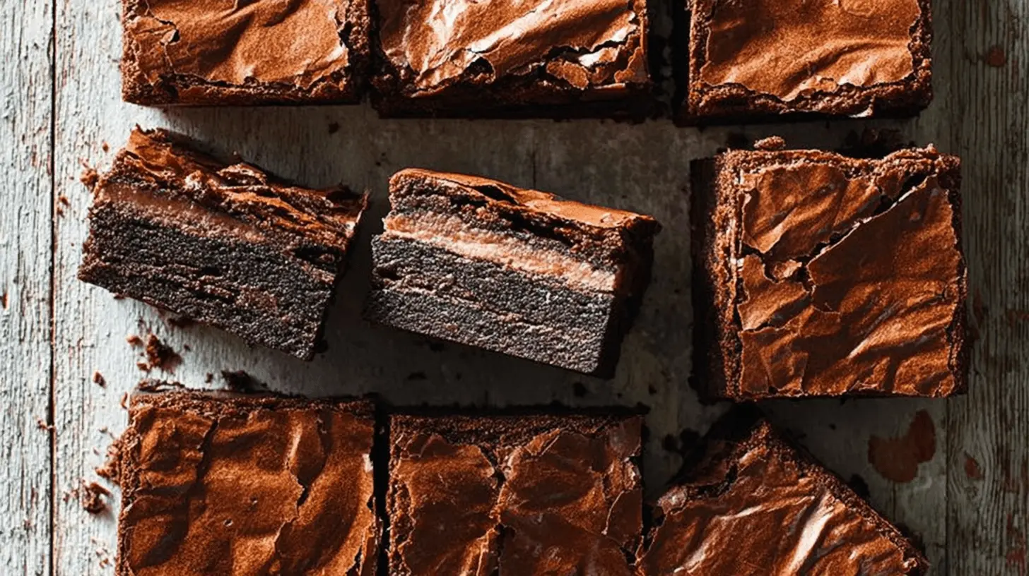 Overhead view of delicious square slutty brownies with a crinkly crust on a rustic wooden surface.