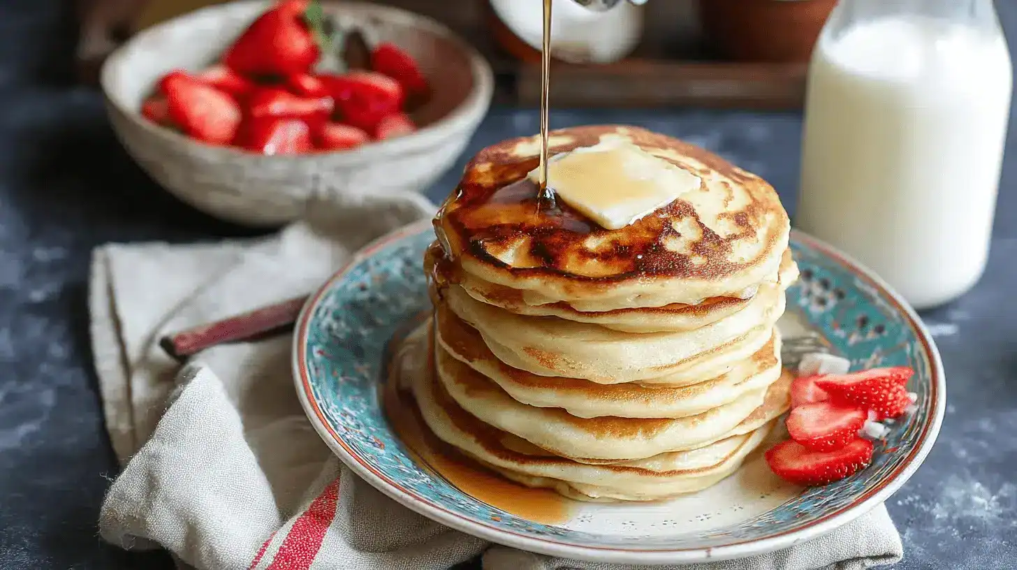 A delicious stack of fluffy buckwheat pancakes with melting butter and pouring maple syrup, garnished with fresh strawberries, illustrating a perfect buckwheat pancake recipe.