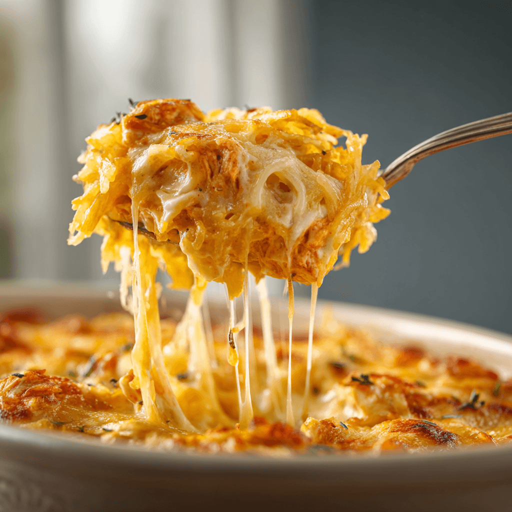 Spoonful of cheesy buffalo chicken spaghetti squash casserole with melted cheese and green onions.