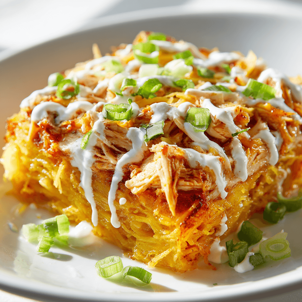 Buffalo chicken spaghetti squash casserole with cheese, ranch, and green onions