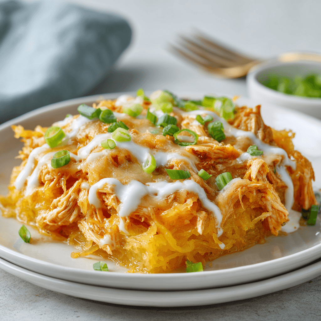 Buffalo chicken spaghetti squash casserole with melted cheese and green onions on a white plate.