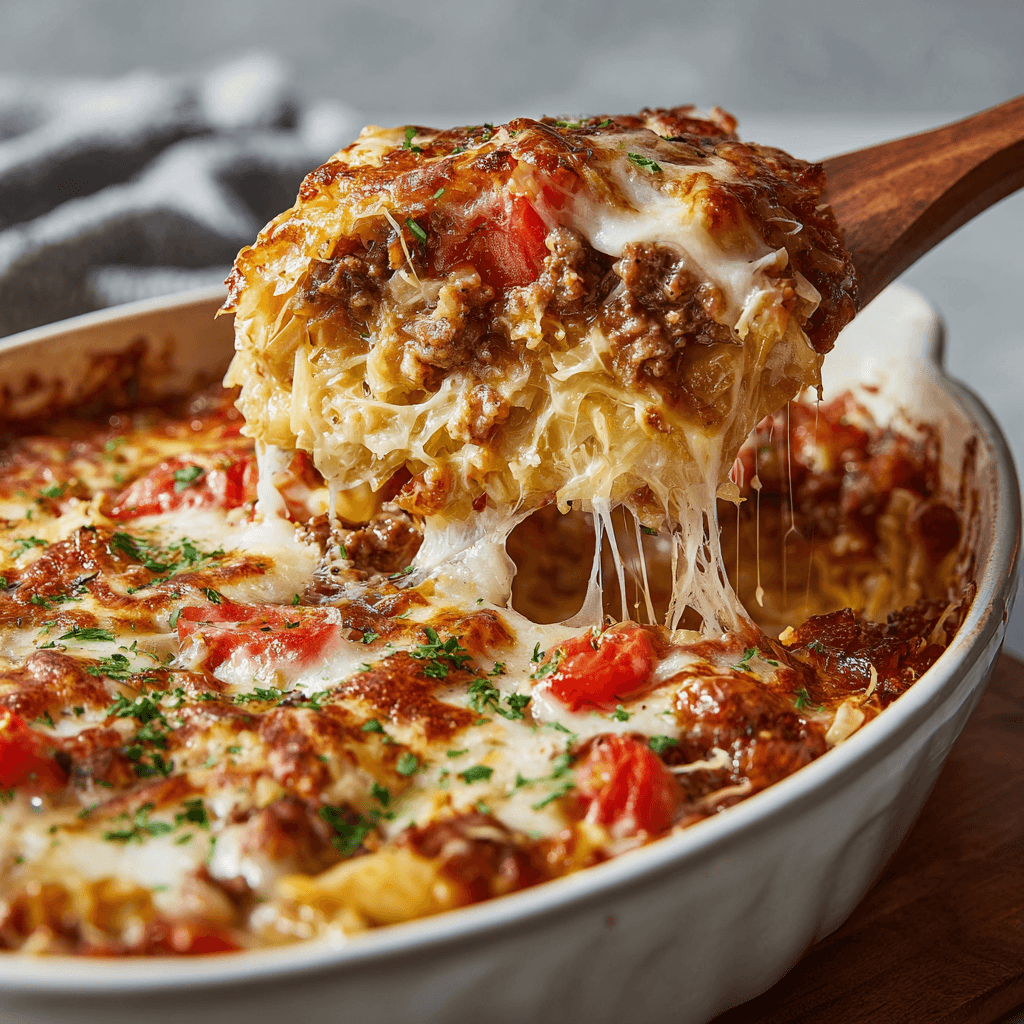 Hearty Cabbage Beef Bake: A One-Pot Weeknight Wonder 4 Cheesy Cabbage Beef Bake in a white casserole dish with a wooden spoon lifting a portion.