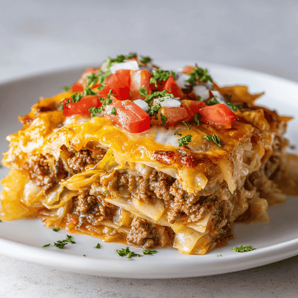 Hearty Cabbage Beef Bake: A One-Pot Weeknight Wonder 2 Serving of Cabbage Beef Bake on a white plate with visible cheese, beef, and cabbage layers.