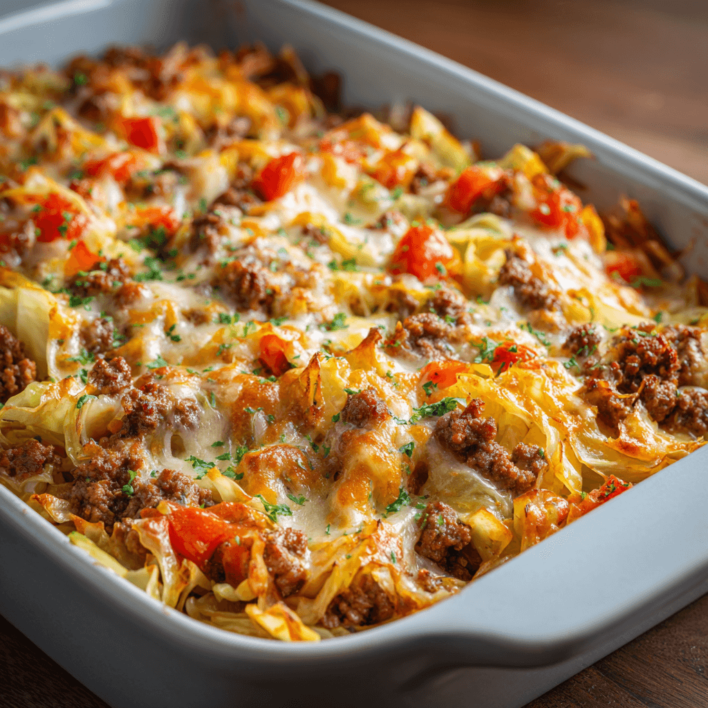 Hearty Cabbage Beef Bake: A One-Pot Weeknight Wonder 1 Close-up of cheesy Cabbage Beef Bake showing melted cheese and cabbage beef mixture clearly.
