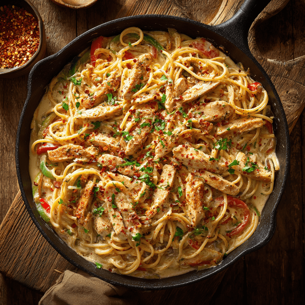 Creamy Cajun chicken spaghetti with bell peppers and red pepper flakes in skillet