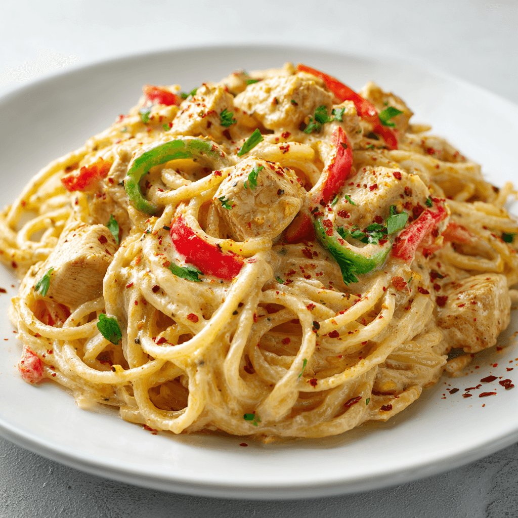 Creamy Cajun chicken spaghetti with peppers and red pepper flakes served on a white plate.