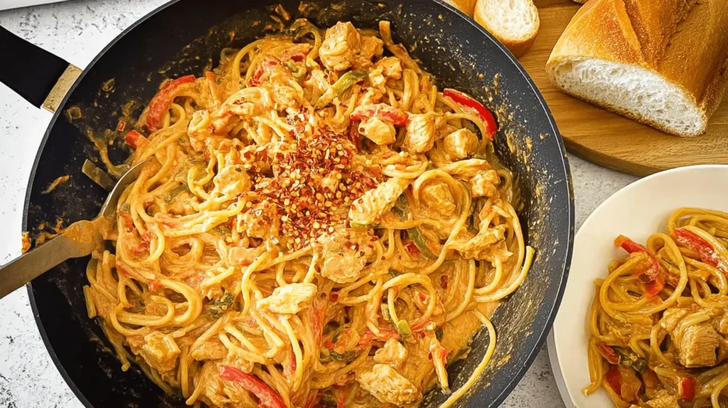 Overhead shot of creamy cajun chicken spaghetti with bell peppers and chili flakes in a black pan, served with bread.