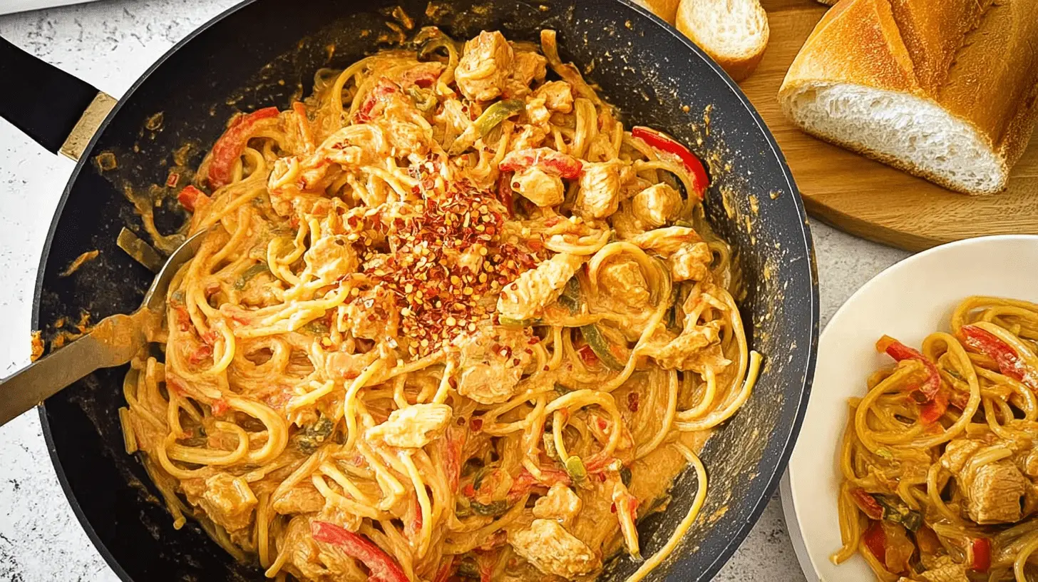 Overhead shot of creamy cajun chicken spaghetti with bell peppers and chili flakes in a black pan, served with bread.