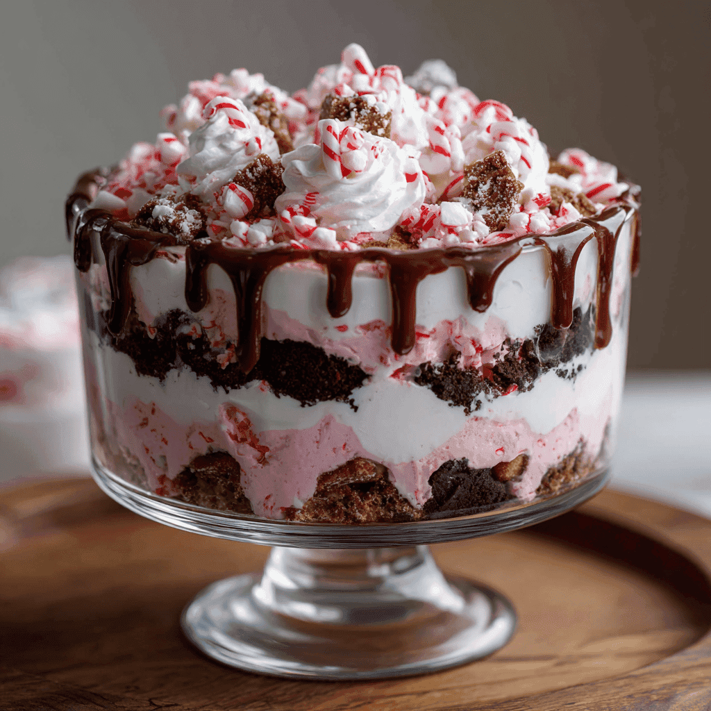 Easy Candy Cane Cookie Trifle: Layered, Creamy Holiday Treat 4 Close-up layered candy cane cookie trifle with peppermint cream, chocolate cookies, and whipped topping.