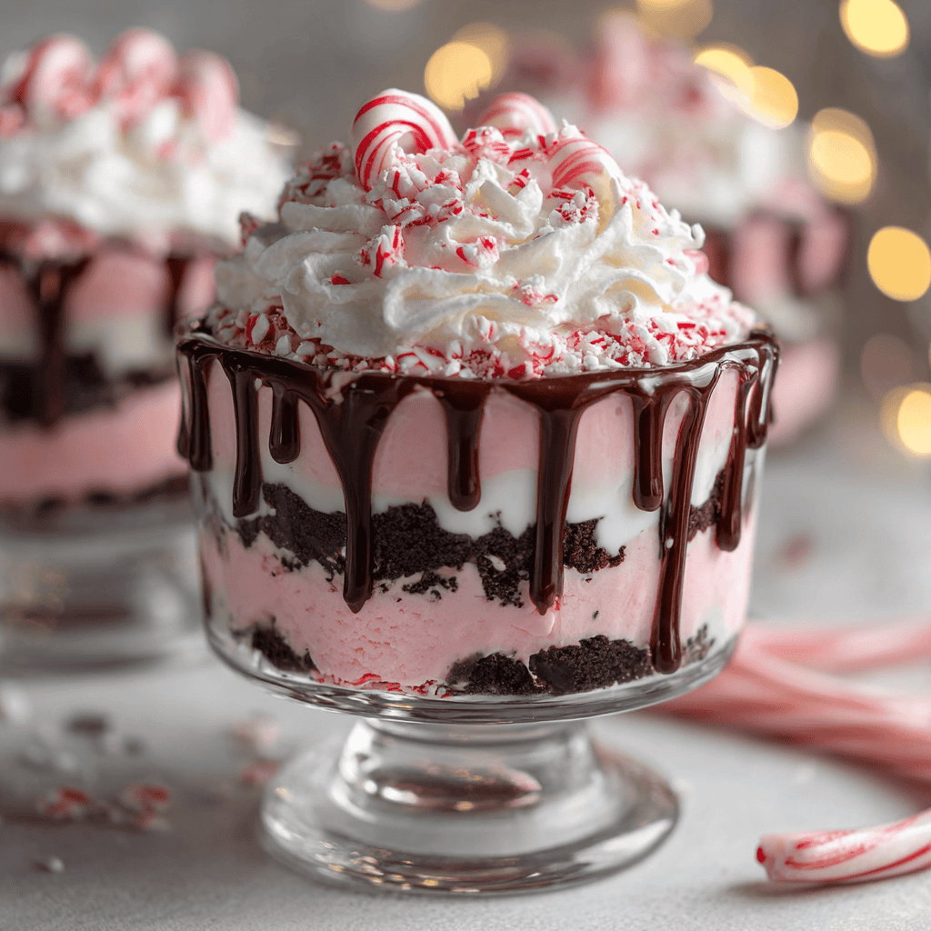 Easy Candy Cane Cookie Trifle: Layered, Creamy Holiday Treat 1 Festive candy cane cookie trifle with peppermint layers, whipped cream, and chocolate drizzle.