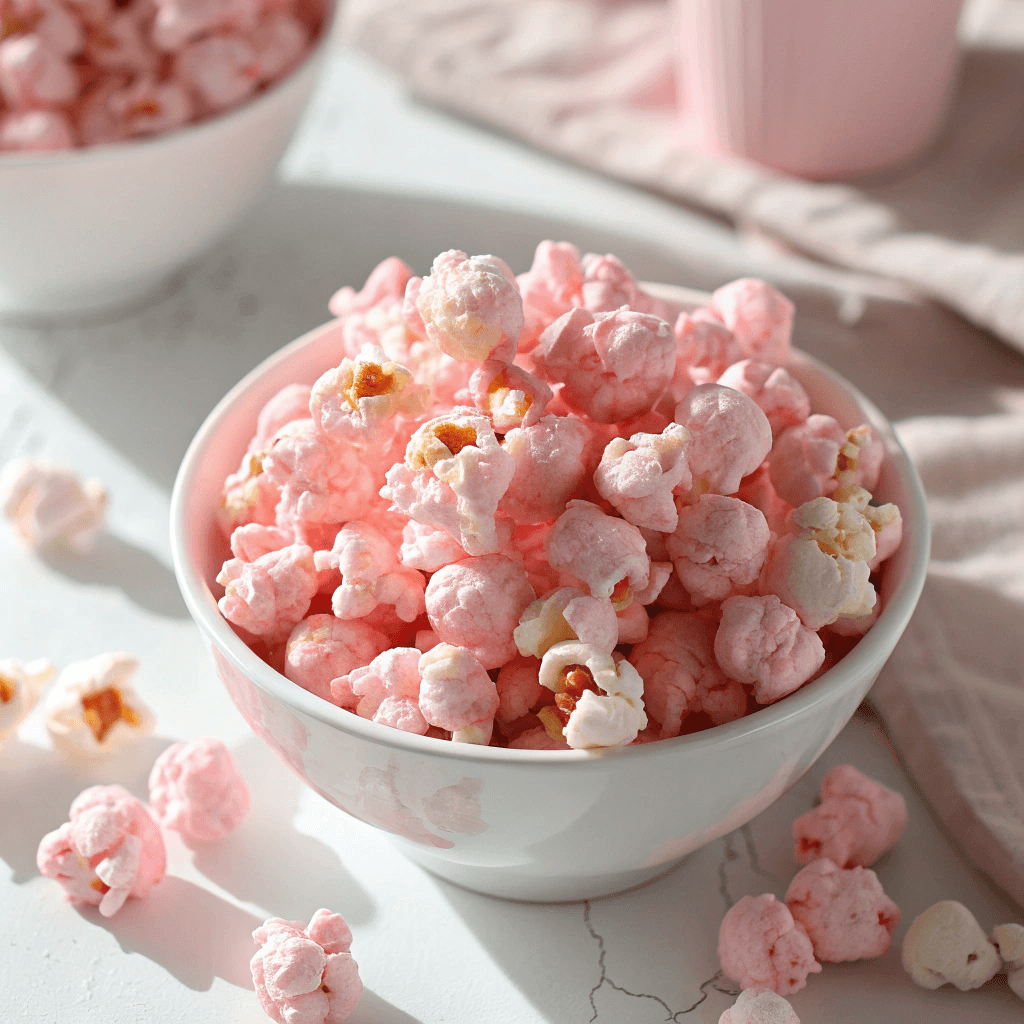 Old Fashioned Pink Popcorn: A Nostalgic, Crunchy Treat 1 Close-up top-down shot of pink glazed popcorn in a white bowl with soft natural lighting.