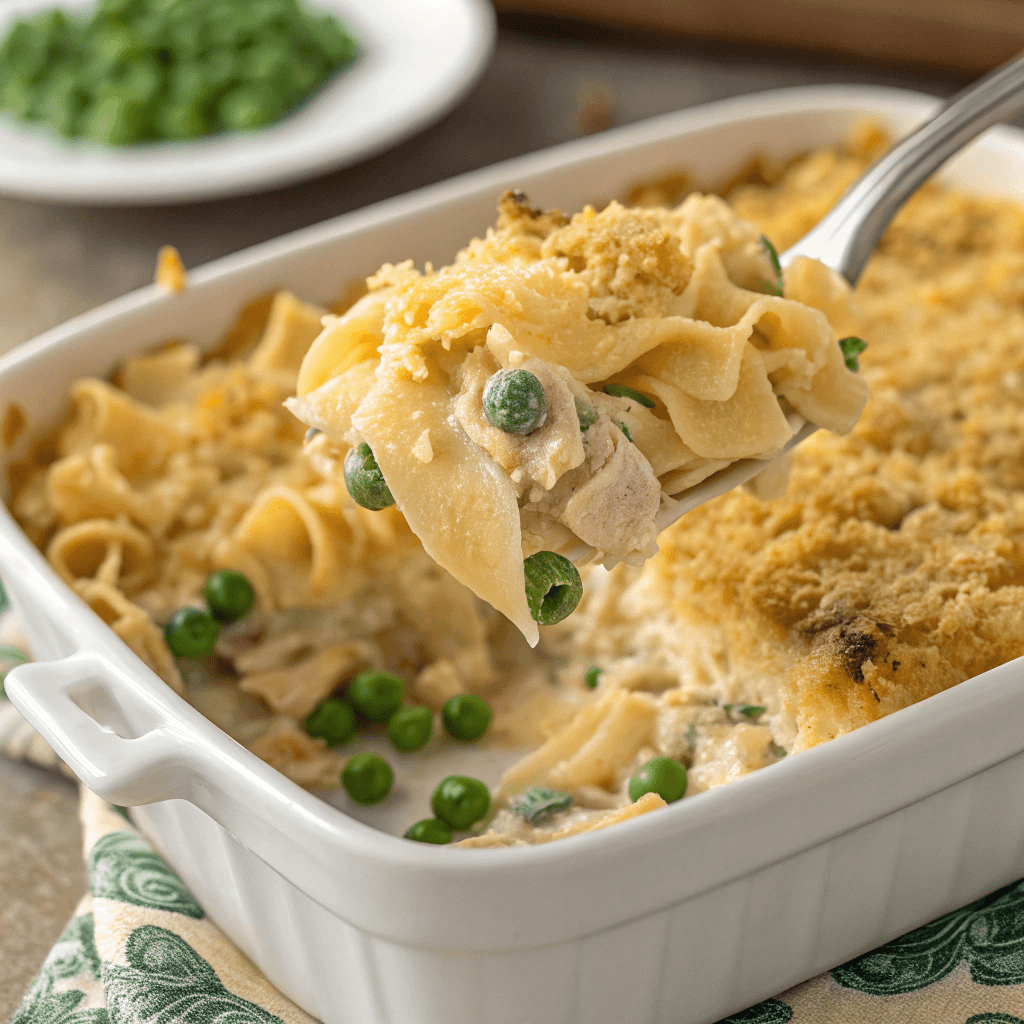 Close-up of creamy tuna casserole with noodles, peas, and golden breadcrumbs being scooped from a white baking dish.