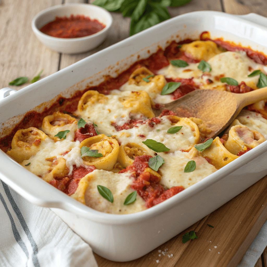 Easy Baked Tortellini Casserole with Meat Sauce 3 Close-up of baked tortellini casserole with meat sauce, melted mozzarella, and basil in a white baking dish.