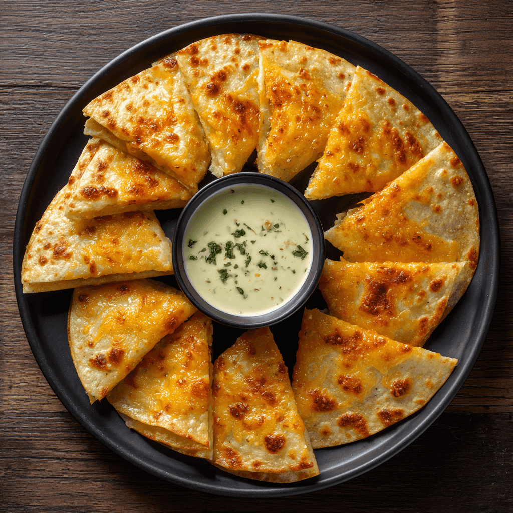 Overhead shot of Cheesy Antojitos arranged on a black plate with dipping sauce in the center.