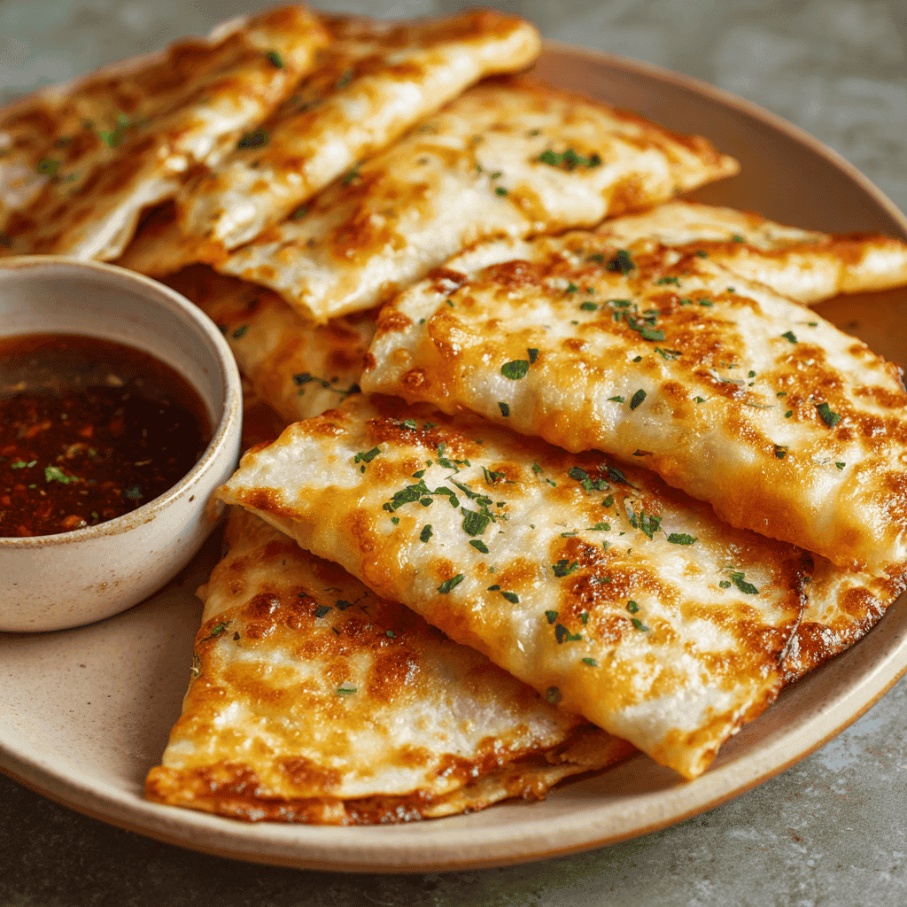 Plate of Cheesy Antojitos with golden melted cheese and dipping sauce.