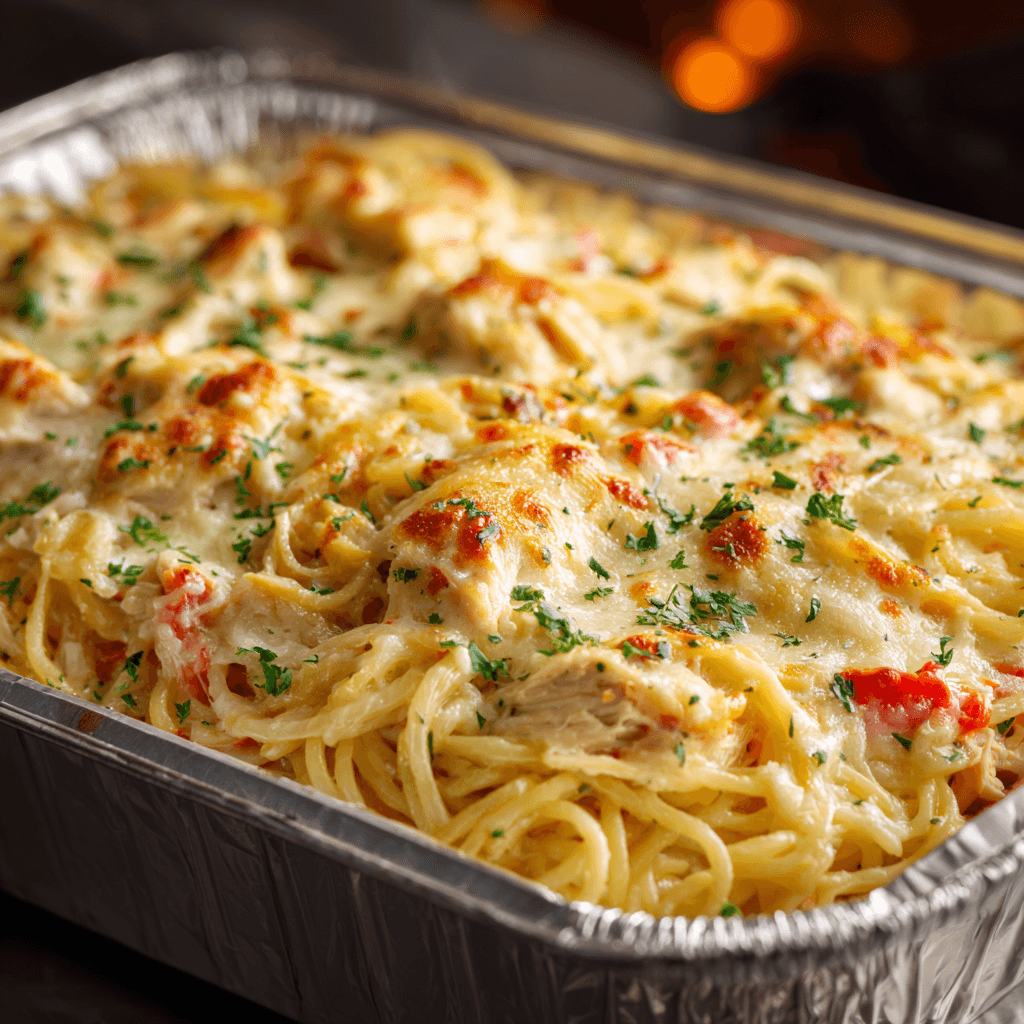 Cheesy Baked Chicken Alfredo Spaghetti Casserole